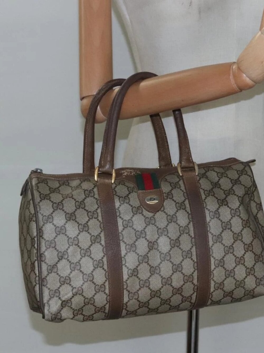 GUCCI GG Supreme Web Sherry Line Boston Bag PVC Beige Green Red A